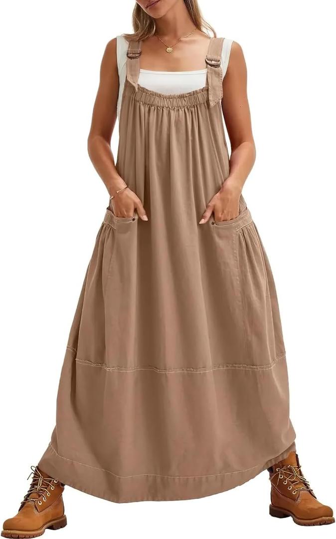 chouyatou Women's Cargo Overall Dress Sleeveless Adjustable Strap Safari Maxi Jumper Dress with Pockets (Medium, Khaki)