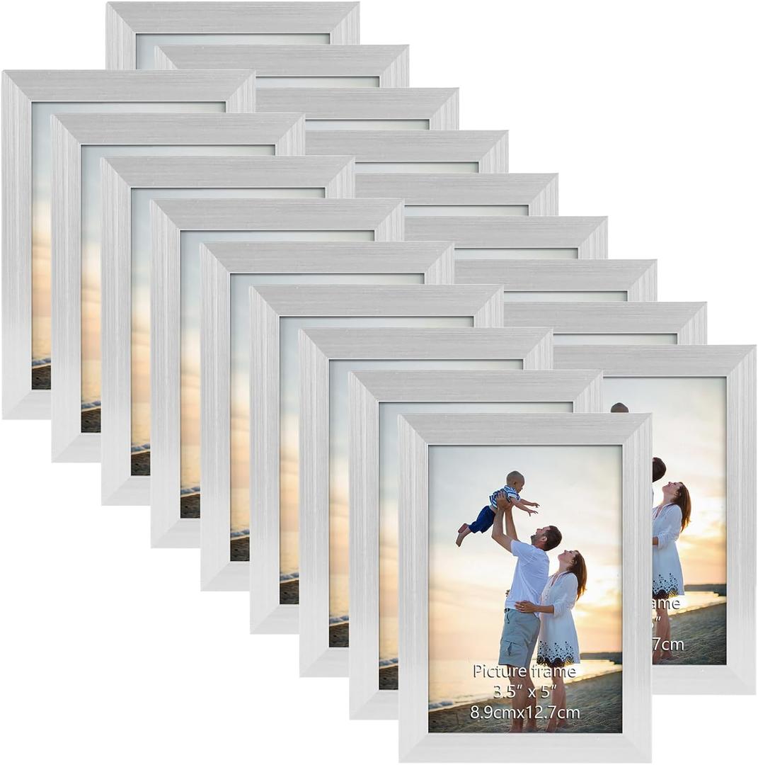 Hoikwo 18 Packs 3.5x5 Silver Multi Plastic Picture Frames Set with Plastic Cover for Family Photos, Artwork, Light weight Bulk 3.5 by 5 Frames Pack for Wall Hanging and Table, Stylish Picture Frames