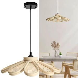 Natural Rattan Pendant Light, Boho Petal Hanging Light Fixture, Ideal for Kitchen, Entryway, Dining Room, Bedroom, Living Room, Easy Assembly (Small)