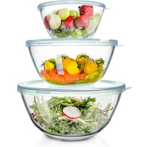 Glass Mixing Bowls Glass Bowls with Lids Set(4.5QT,2.7QT, 1.1QT),Large Salad Bowls,glass mixing bowl Space-Saving Nesting bowls storage bowls for Cooking,Baking,Prepping,Dishwasher Safe
