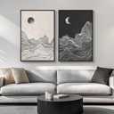 Large Framed Black and White Abstract Wall Art for Living Room, Set of 2 Modern Canvas Prints Paintings Artwork for Walls, Abstract Mountain and Moon Pictures for Bedroom Hallway Wall Decor 24x36 In