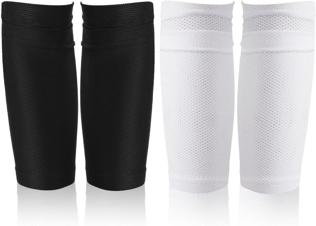 2 Pair Shin Pads Socks, Soccer Shin Guard Covers Socks Breathable Football Pads Holders Soccer Sock Sleeves Soft Calf Sleeves for Kids Adults Beginners (Black & White) (Large)