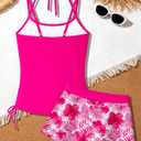 Girls Swimsuit 2 Piece Halterneck Tankini Swimsuits with Printed Skirt Drawstring Bathing Suit, Size 13-14 Years (Pink)