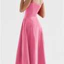 Adjustable Strap Midi Dress, Square Neck A-Line with Side Slit (Pink, S)