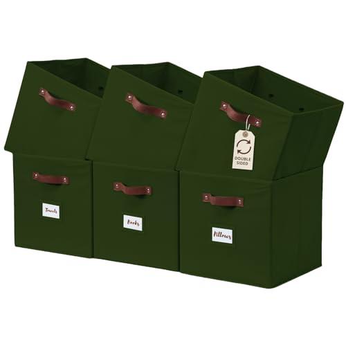 DECOMOMO Storage Bins, Cube Storage Bin with Labels, Fabric Storage Cubes for Shelves (10.5" x 11" / 6pcs, Olive Green)