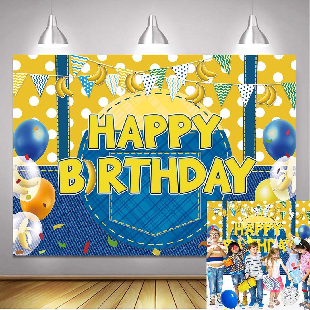 Yellow Cartoon Theme Happy Birthday Backdrop Cowboy Banana Balloon Photo Background for Boys Girls Birthday Party Cake Table Banner (5x3 FT) (59 x 35.4 inch)