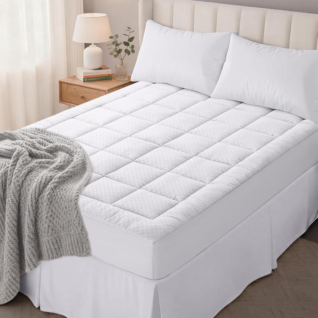 OLANLY Queen Quilted Fitted Mattress Pad  Soft Pillow Top Mattress Topper, Down Alternative Fill, Cooling Comfort Breathable Mattress Cover, Machine Washable Deep Pocket Mattress Protector, White