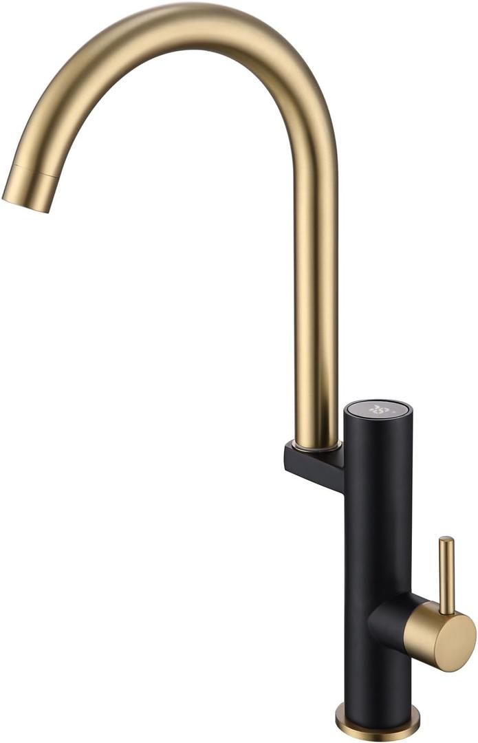 Black and Gold Bathroom Faucet High Arc with Temperature Display, Commercial Single Handle Kitchen Sink Faucet, 1 Hole Bar Sink Faucet, Solid Brass and Stainless Steel