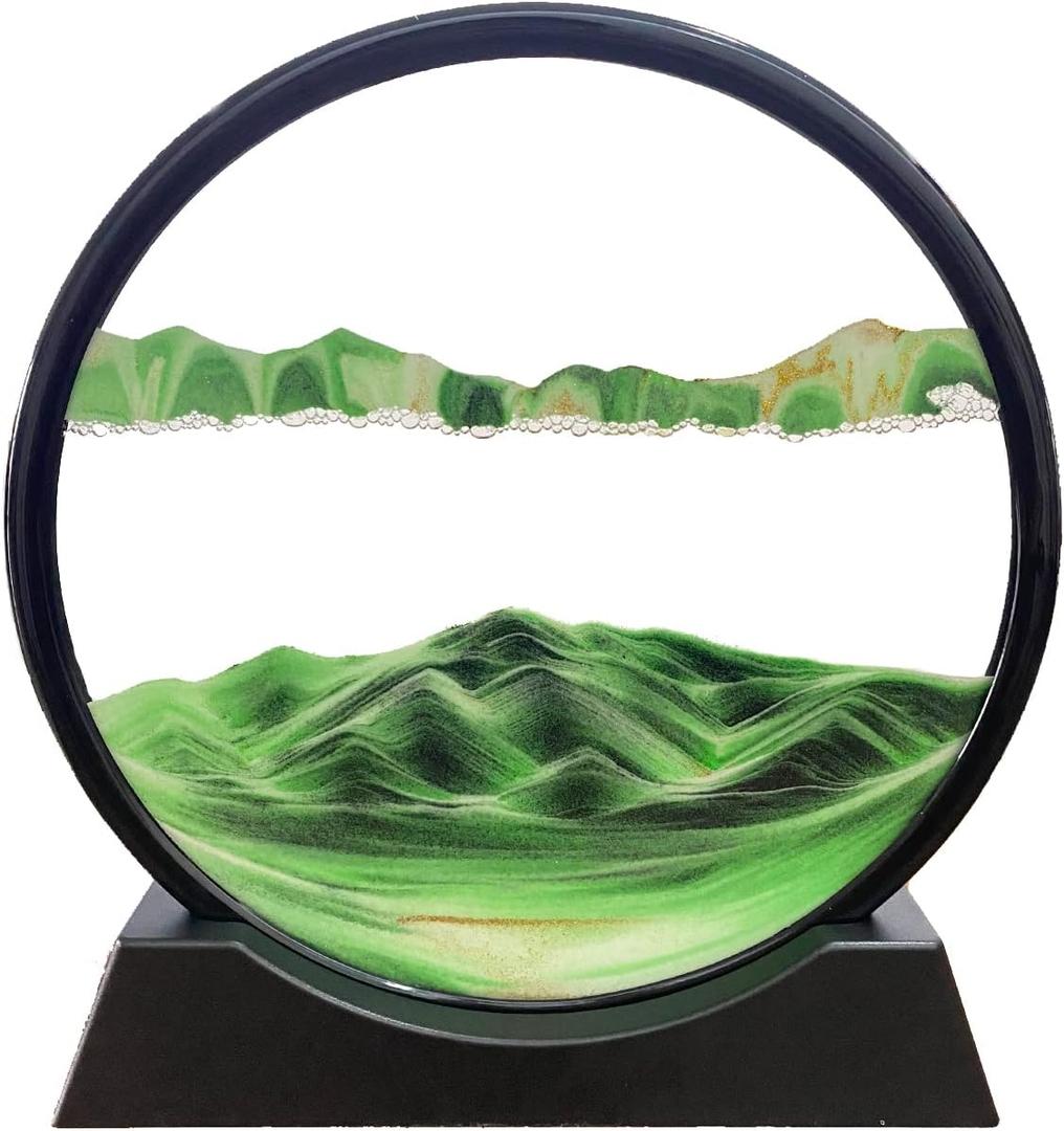 3D Dynamic Sand Art Liquid Motion, Moving Sand Art Picture Round Glass 3D Deep Sea Sandscape in Motion Display Flowing Sand Frame Relaxing Desktop Home Office Work Decor (7, Green)