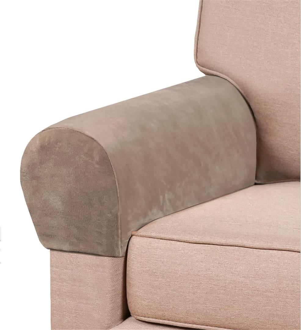 2 Pack Velvet Stretch Armrest Covers - Non Slip Sofa Chair Covers, Soft Elastic Arm Protectors for Living Room Couch, Office Chair, Recliner (Taupe)