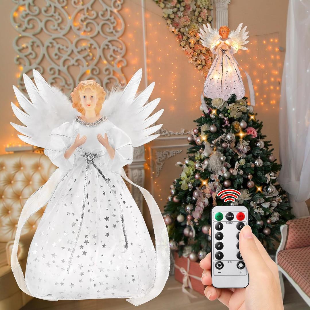 Christmas Tree Topper, 12" Angel Treetop with Lights and Remote Control Timer, Christmas Tree Decoration for Holiday Ornament and Home Decor, Ivory and Sliver