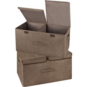2 Pack Large Storage Boxes with Lids and Handles, Collapsible Linen Storage Bins Organizer Containers Baskets Cube with Removable Divider for Home Bedroom Closet Office (Coffee, Large)