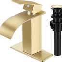 Brushed Gold Bathroom Faucets, Waterfall Bathroom Sink Faucet Modern Single Handle Bathroom Faucte 1 or 3 Hole, RV Mixer Tap Vanity Faucet - Includes Pop-up Drain Supply Hoses Deck Plate