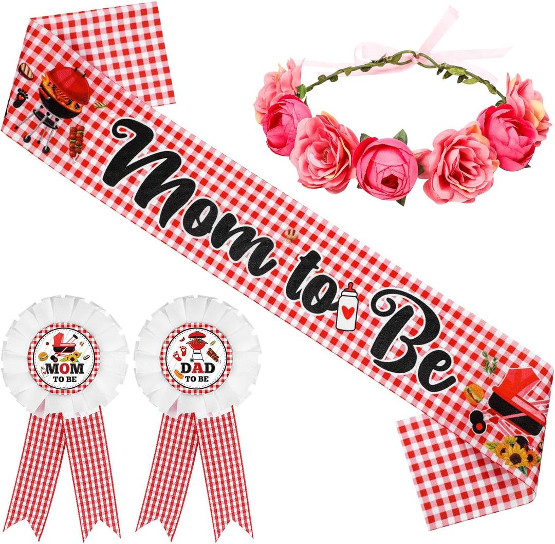 BBQ Theme Baby Shower Sash Mom to Be Sash and Dad to Be Pin Flower Crown for Gender Reveals Party Baby Shower Party Favors Decorations for Pregnancy Props Boys Girls Gift