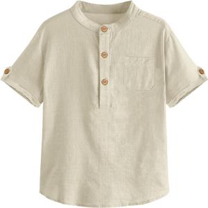 Boys Short Sleeve Henley Shirt Button Up Linen Cotton Dress Shirts Tees Tops with One Pocket (3-4T, Beige)