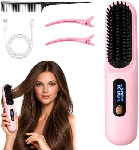 Go Brush Pro for Short Hair, 2026 Upgraded Cordless Straightening for Home Travel, Hair Straightener Brush for Women, Portable Electric Hot Comb with 1-Min Fast Heat, 4000mAh Type-C Rechargeable