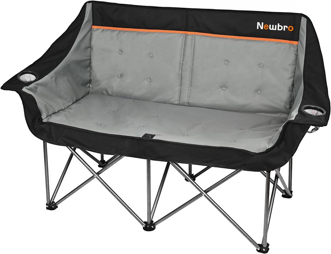 Oversized Double Camping Chair for Adults, Fully Padded Folding Camping Chairs Loveseat, Big Heavy Duty Outdoor Patio Lawn Chair with Arm Cup Holder (Black)