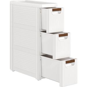 VECELO 3-Drawer Narrow Bathroom Storage Cabinet, Mobile Plastic Slim Rolling Organizer Cart with Built-in 4 Wheels for Living Room, Kitchen, Bathroom, Bedroom, Office, White(16.5" x 7.5" x 22.2")