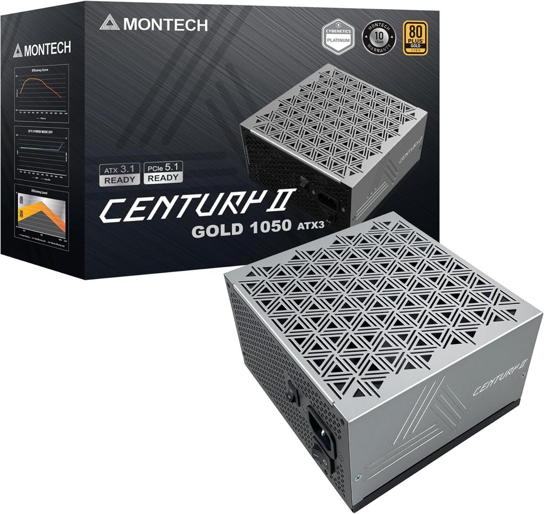 MONTECH Century II - 1050W High-End ATX Gaming Power Supply - 80 Plus Gold & Cybenetics Platinum - Fully Modular - ATX 3.1 & PCIe 5.1 Ready with 12V-2x6 Cable 