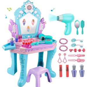 Toddler Vanity Table and Chair, Girls Magic Makeup Set with Mirror and Lights & Music, Frozen Toys for 2 3 4 5 Year Old Girls Kids Pretend Play Vanity Set Princess Dress Up Playset Gifts Ages 2-4 3-5