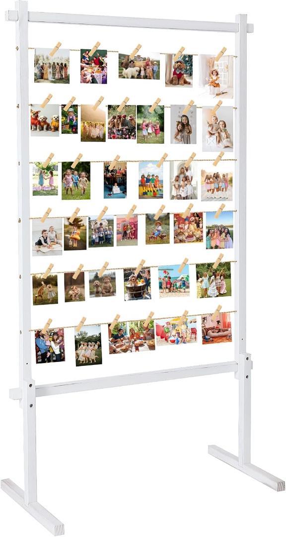 Collage Picture Frame,Photo Display Board with Clips,Wood Pictures Photos Frames With Stand for Wedding Graduation Party Birthday Greeting Letter Christmas Cards Holder Organizer,53 inch(White), Standing