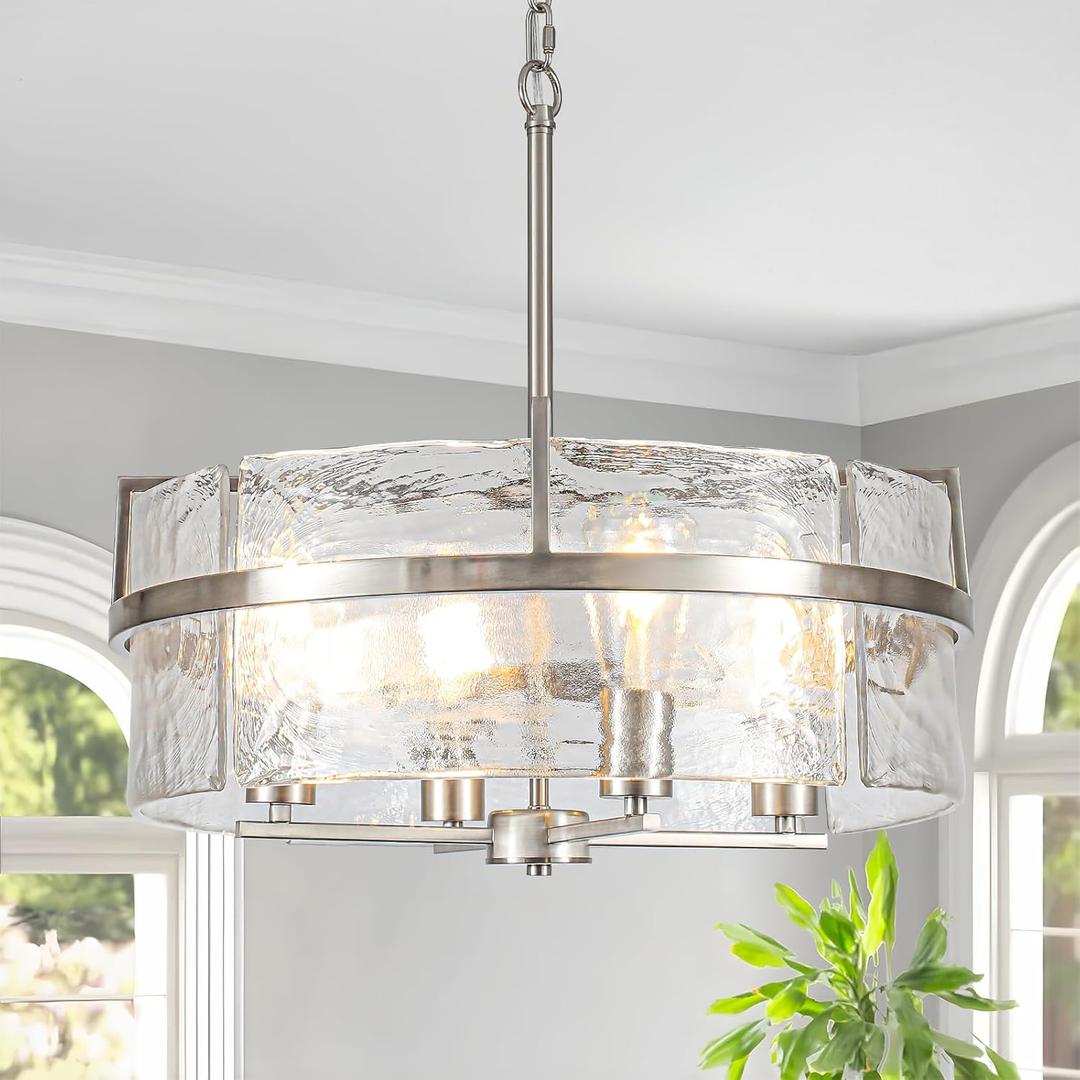Modern Drum Chandeliers for Dining Room,19.7" Water Ripple Glass Chandelier Over Table Brushed Nickel Crystal Pendant Light Fixtures for Hight Ceiling Living Room Entryway Bedroom Kitchen,E26