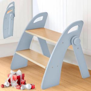 Wooden Step Stool, Two Step Stools, 300 lb. Load Capacity, with Safety Non-Slip Pads and Handles, Bamboo Step Stool for Bathroom and Kitchen, Children's Christmas Gift Blue