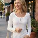 Stelle Women's Ribbed Knit Henley Long Sleeve Button Top Loose Fit (White, S)