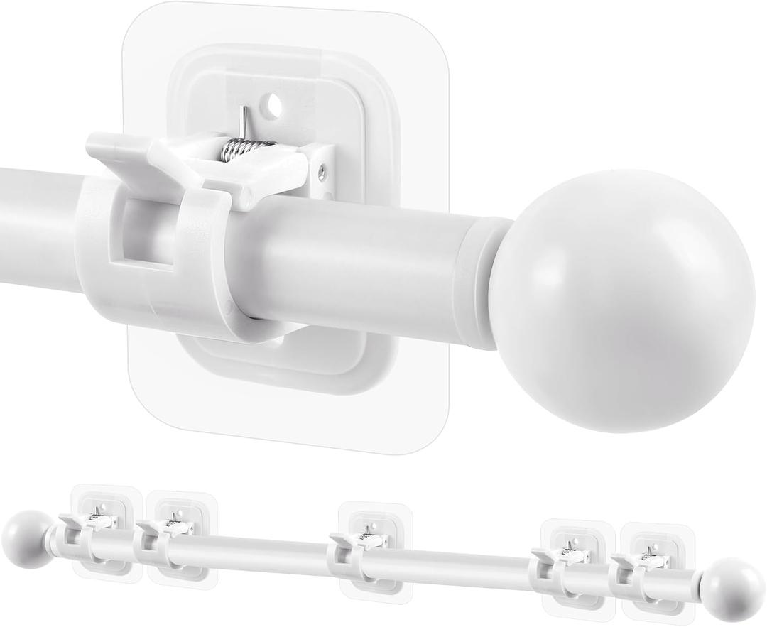 Curtain Rods No Drilling for Windows 48 to 84-96 Inch,5/8 Inch Diameter Drapey Pole with No Drill Curtain Rod Brackets,Renter Friendly Cortineros Para Ventanas with Adhesive Curtain Rod Holder White