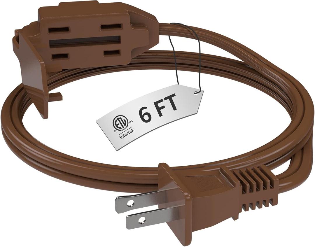 Indoor Brown Extension Cord 6 Feet, 3-Outlet Household Extension Cord, 2 Prong, 16Gauge, 3 Polarized Outlets with Safety Cap Protect for Home Office, 16/2 SPT-2 ETL Listed
