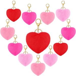 Hicarer 12 Pieces Valentine's Day Heart Shaped Pom Poms Keychains Fluffy Heart Cute Keyrings for Valentine Party Favor Gifts (Red, Light Pink, Pink, Watermelon Red)