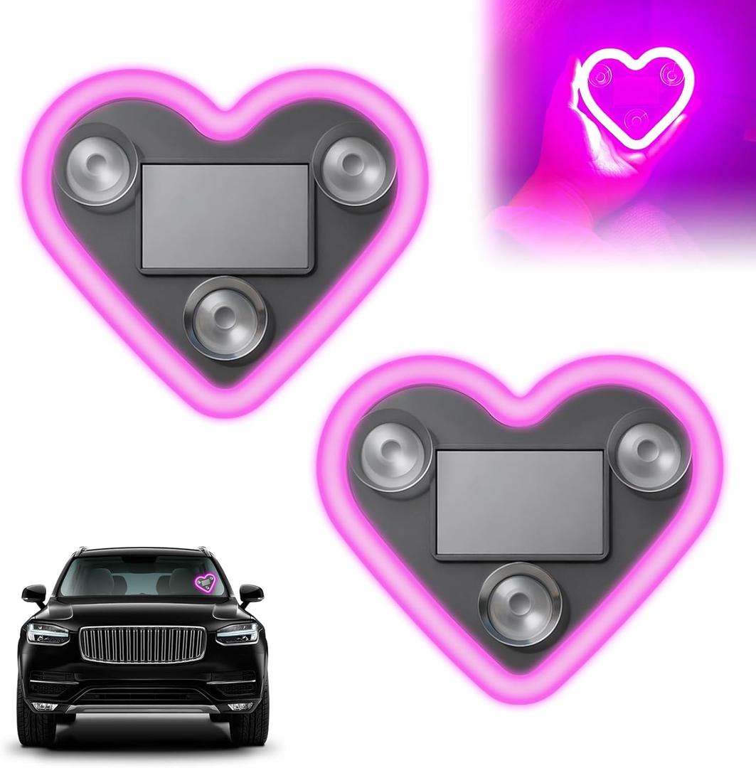 Car LED Ambient Light - Solar-Powered Heart-Shaped LED Neon Light for Night Driving, IP65 Waterproof, 5 Modes, Romantic Gift for Christmas, Valentine's Day, Anniversary, Date Night (2Pcs Pink)