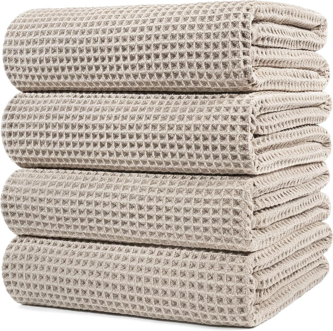 POLYTE Microfiber Oversize Quick Dry Lint Free Bath Towel, 60 x 30 in, 4 Pack (Beige, Waffle Weave)
