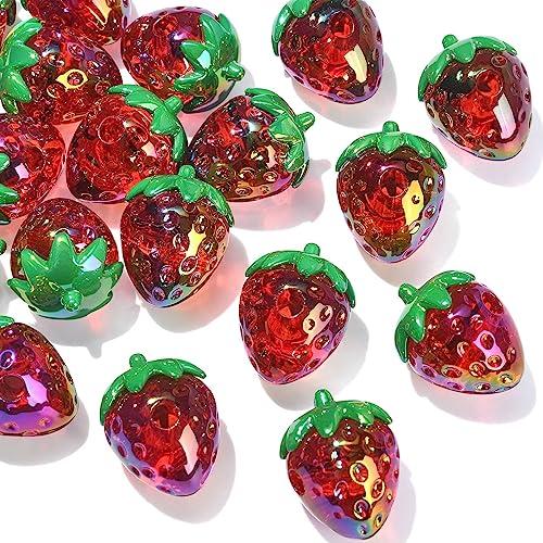 KitBeads 11pcs 20mm Acrylic Strawberry Beads Transparent Kawaii Food Iridescen Fruit Bead for Jewelry Making Bulk
