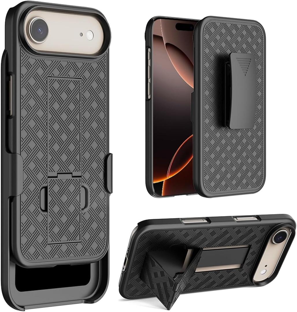 for iPhone 17 Air Holster Case, Belt Clip Cover Shell Holster Combo Slim Rugged for iPhone 17 Air with Kickstand (6.5") 2025 Release, Black