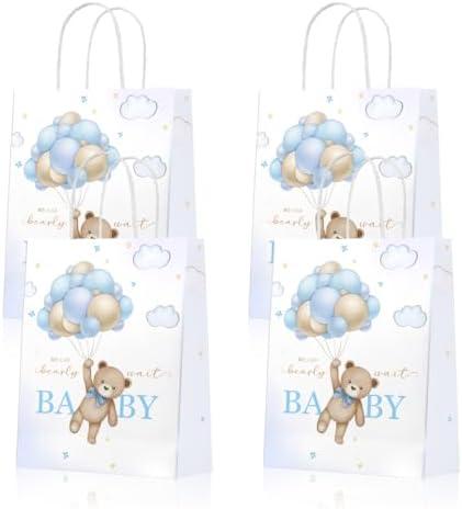 24Pcs Bear Baby Shower Gift Bags Bear Baby Shower Party Supplies We Can Bearly Wait Theme Party Goodie Bags Brown Coffee Blue Treat Bags for Baby Shower Party Decorations