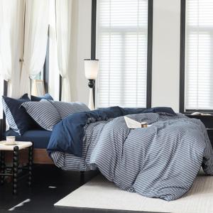Reversible Duvet Cover Set 100% Washed Cotton Blue Stripe Linen Feel Duvet Cover Queen Size with Zipper Closure & 2 Pillow Shams,Navy/White Stripe Reverse Solid Navy