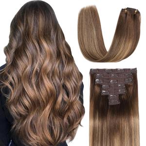 Sisily Clip in Hair Extensions Real Human Hair, 24 inch 70g, Chocolate Brown to Blonde Balayage, 100% Brazilian Remy Human Hair Clip in Extensions Soft Straight 7pcs Per Set with 16 Clips Double Weft
