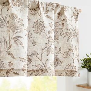 Vangao Linen Valance Curtain Farmhouse Cottage Floral Small Window Curtain Light Filtering for Kitchen Rustic Valance for Living Room Bedroom Rod Pocket 1 Panel Taupe on Beige