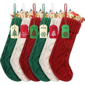 Christmas Stockings, 18 Inch Large Personalized Family Christmas Stockings with Name Tags, Classic Cable Knitted, Green Burgundy Ivory White, 6 Pcs