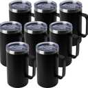 DOMICARE 24oz Mug with Handle and Lid, Stainless Steel Coffee Mug, Travel Mug with Handle, Double Wall Vacuum Coffee Tumbler, Reusable Insulated Cup, Black, Pack 8