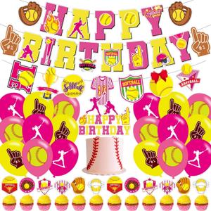 2 x Softball Birthday Party Decorations, Softball Theme Party Supplies including HAPPY BIRTHDAY Banner, Caketoppers Balloons for Girls Birthday Party