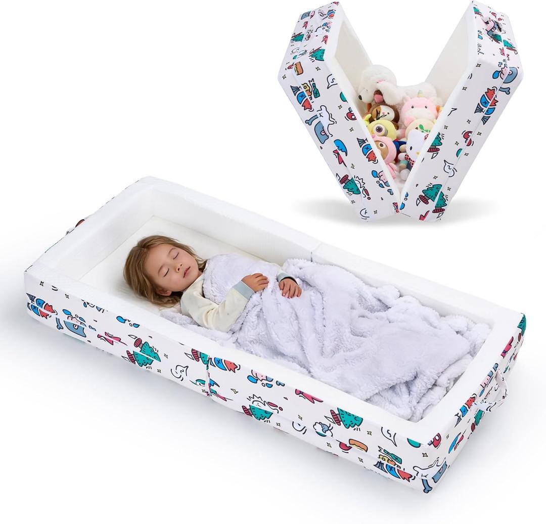Portable Foldable Toddler Travel Bed  Air Layer Fabric Soft Foam Floor Crib with Safety Rails, No Assembly, Washable Cover, Compact Kids Sleep Solution for Home, Trips & Daycare, Cream