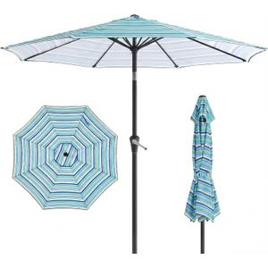 10FT Patio Umbrella, Outdoor Umbrella with Push Button Tilt and Crank, 8 Sturdy Ribs, UV Protection & Waterproof Market Umbrella for Pool, Backyard, Beach,Deck (Blue Green Stripes)