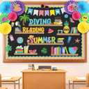 Containlol 3D Summer Bulletin Boards Decorations Large Diving into Book Summer Reading Bookshelf Classroom Bulletin Board Set Beach Theme Tropical Hawaii Luau Flamingo Cutouts for Preschool Elementary