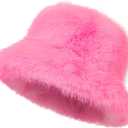 LA CARRIE Women's Fuzzy Wide Brim Faux Fur Bucket Hat Winter Warmer Fisherman Cap (Light Pink)