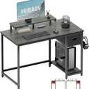 Pamray 39 Inch Computer Desk with Monitor Stand Small Home Office Desks with Non-Woven Storage Drawer for Bedroom Study Table Writing and Work Desk Espresso Gray,Gray Leg
