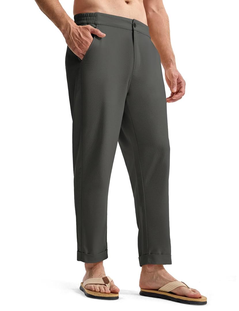 TBMPOY Men’s Linen Pants Casual Lightweight Beach Summer Pants Elastic Waist Slim Fit Trousers Dark Grey