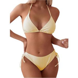 SweatyRocks Women's 2 Piece Bikini Set Striped Halter Triangle Swimsuit Backless High Cut Cheeky Bathing Suit (Yellow, L)