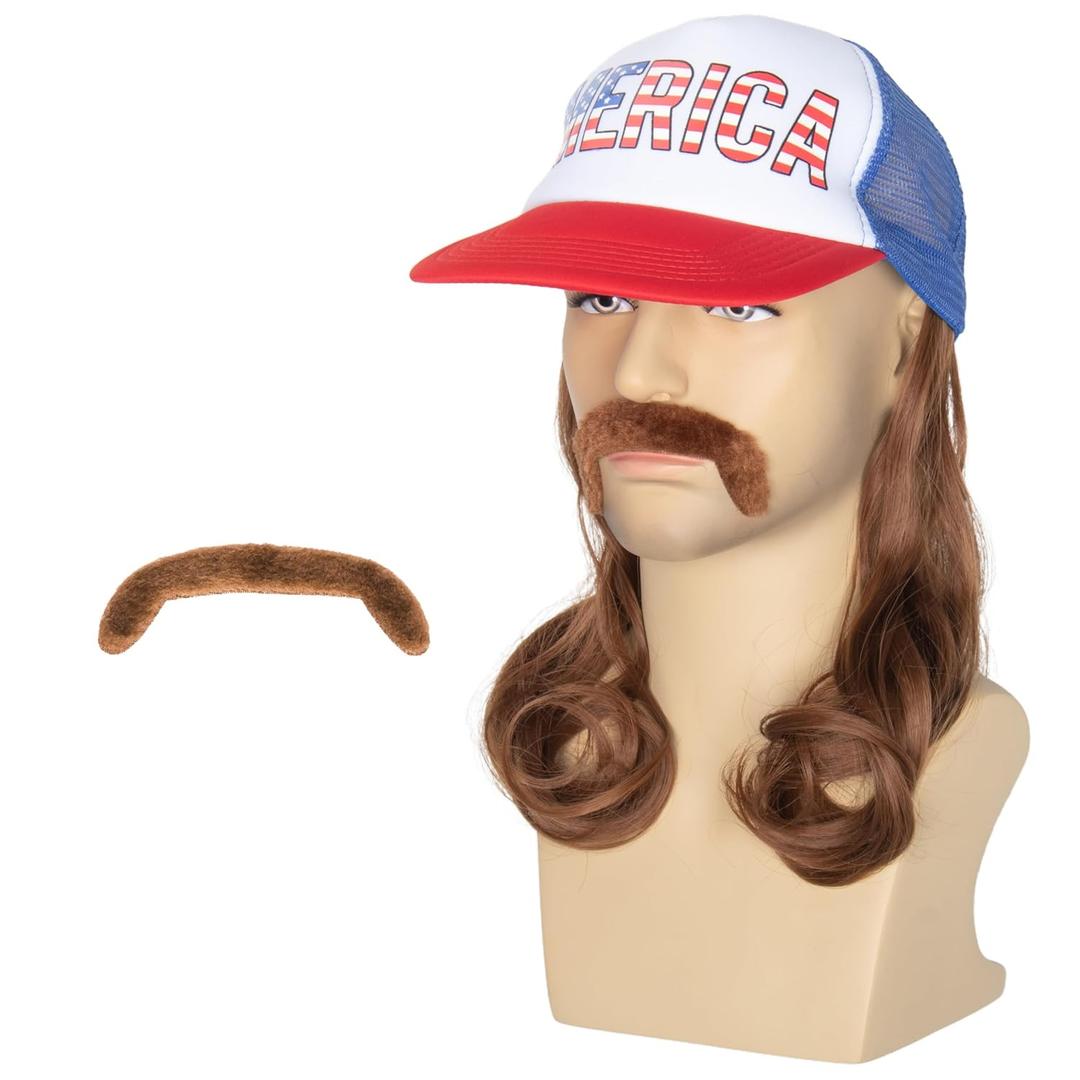 Yan Dream Men USA Mullet Hat Brown Wig with Mustache 4th of July American Costume Wig Cap with Wig (Brown)